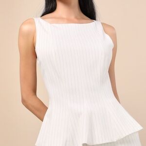 Lulus Matija White Pinstriped Boat Neck Peplum Sleeveless Top - Size XS